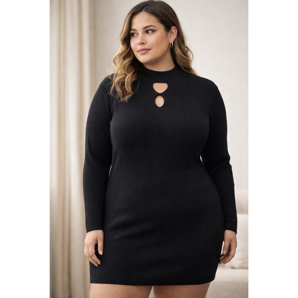 BloomChic Ribbed Sweater Dress 18 20 Black‎ Bodycon Cutout Long Sleeve Plus